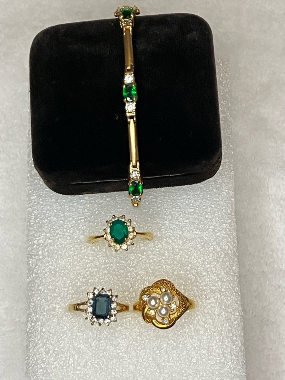 Gold-Tone Green Gemstone Bracelet and Ring Set - Women Jewelry